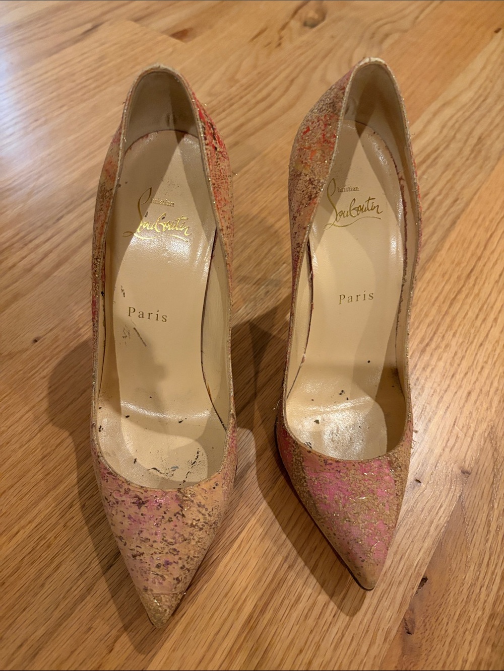 Christian Louboutin So Kate, multicolor abstract cork glitter pumps, 36.5 120mm